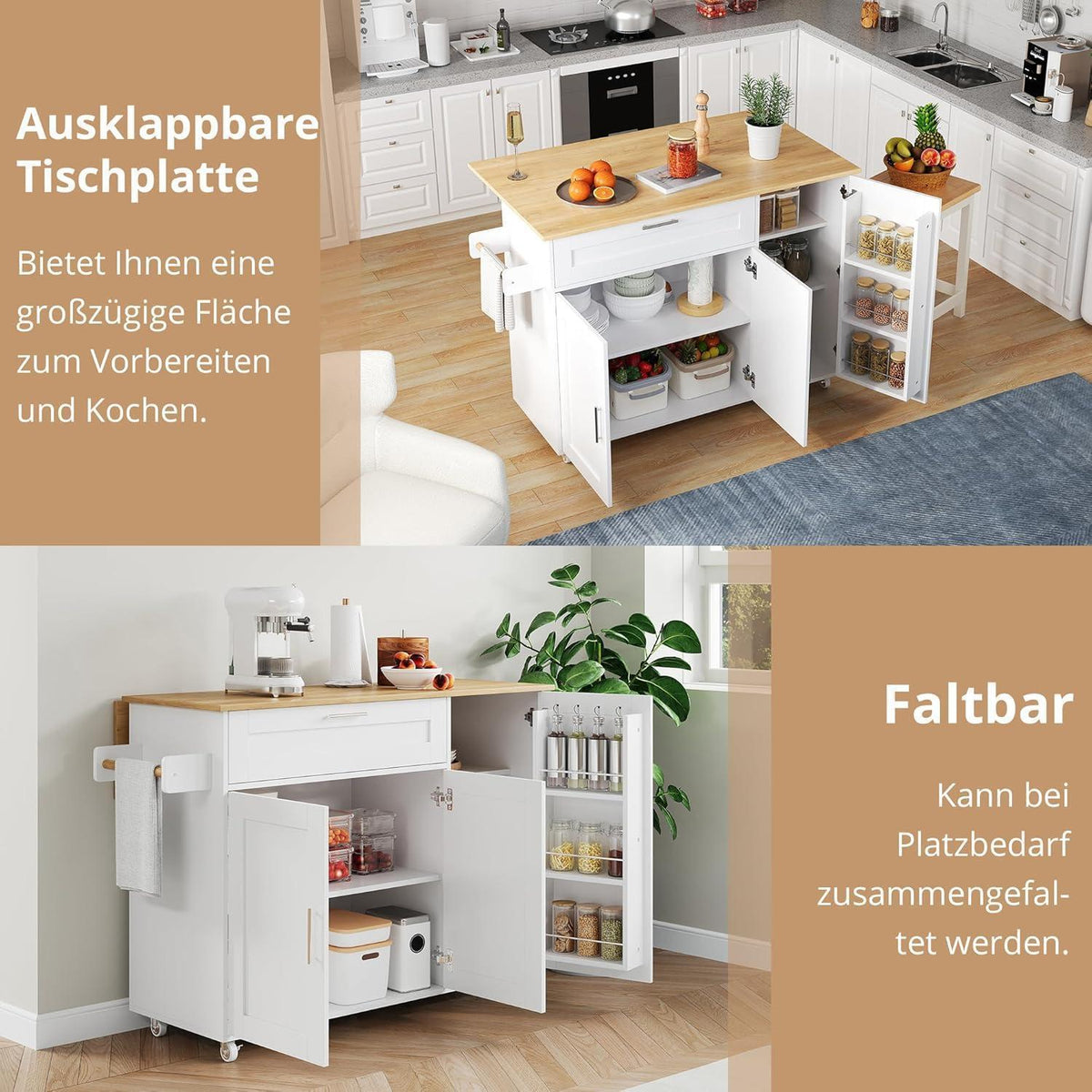 Mobiler Küchentisch Klappbar Eiche | Multifunktionaler Servierwagen mit Schrank