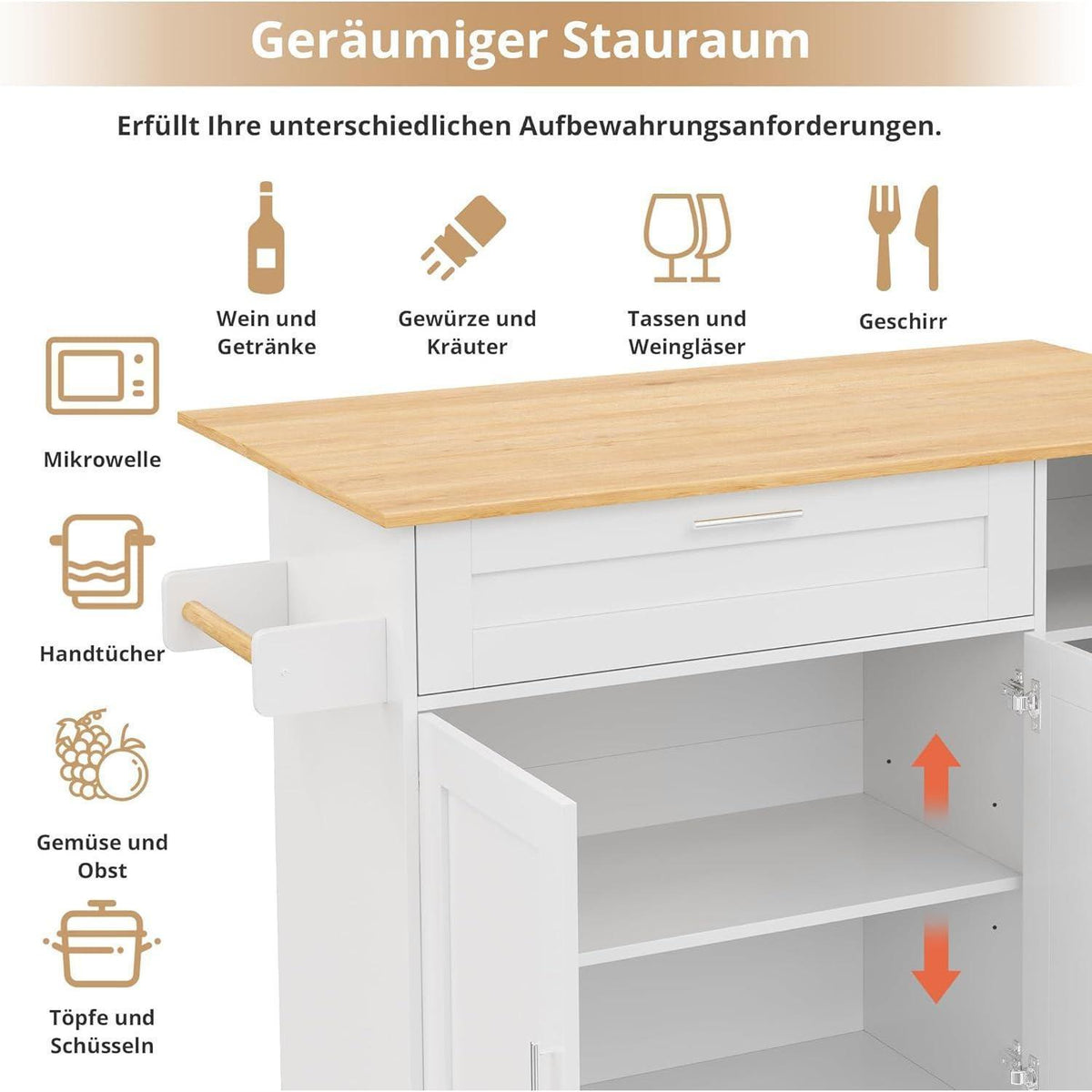 Mobiler Küchentisch Klappbar Eiche | Multifunktionaler Servierwagen mit Schrank