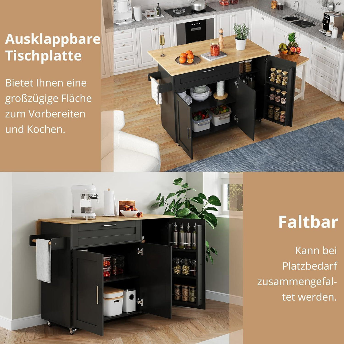 Mobiler Küchentisch Klappbar Eiche – Multifunktionaler Schrank mit Rollen