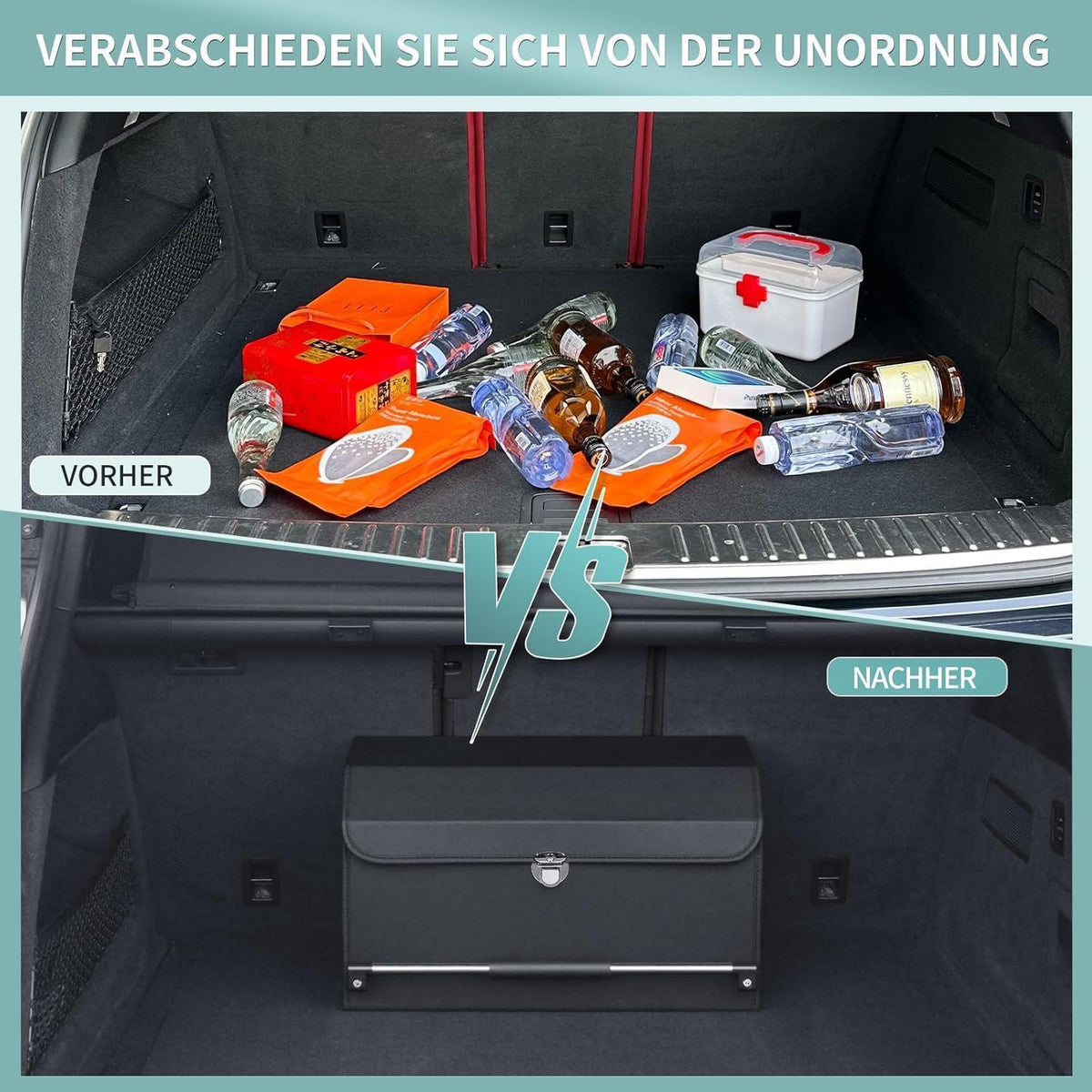 Auto Kofferraum Organizer mit Deckel & Griff - 52x29x31cm in Lederoptik
