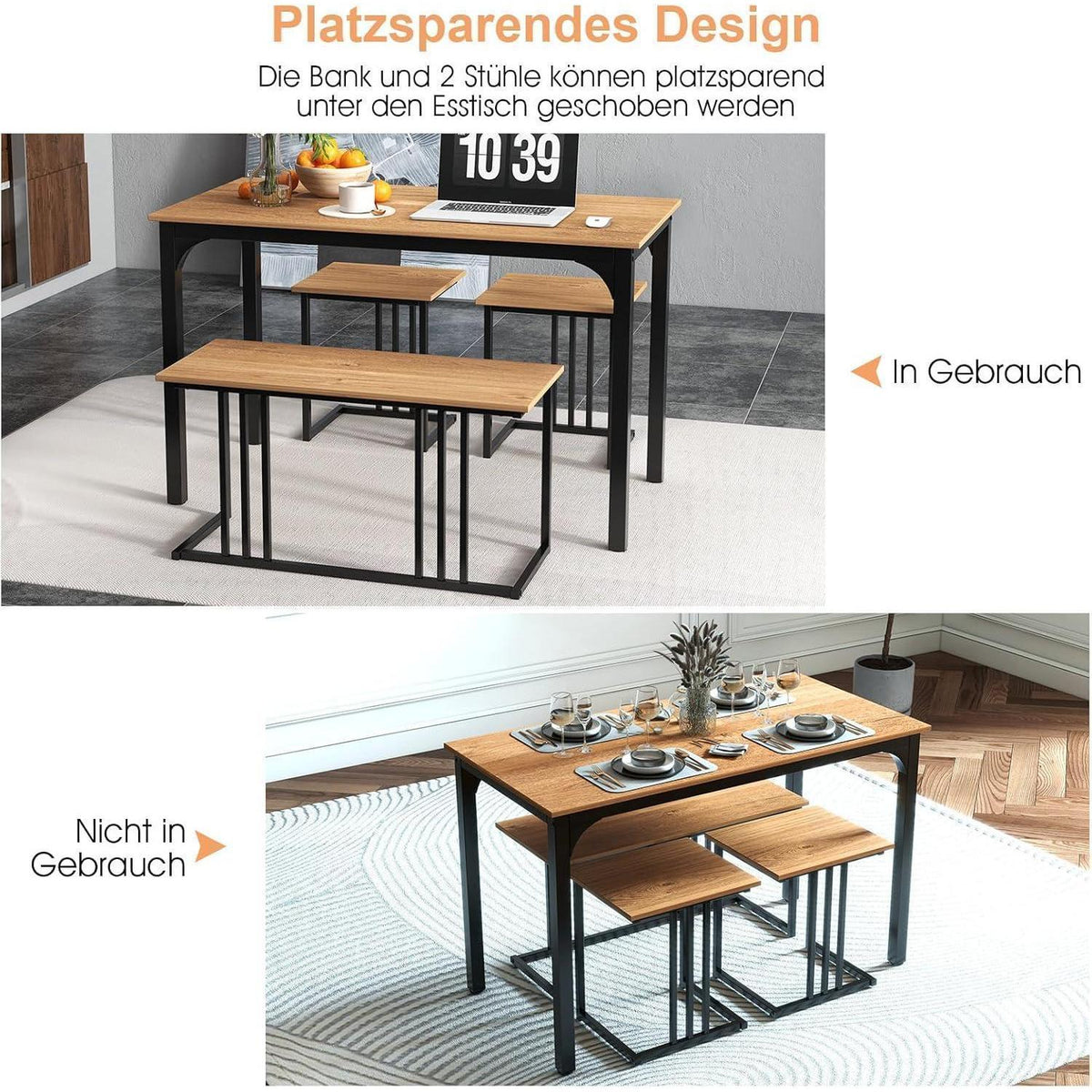 Esszimmer Set 4-teilig mit Tisch, Bank & Hockern (Natur)