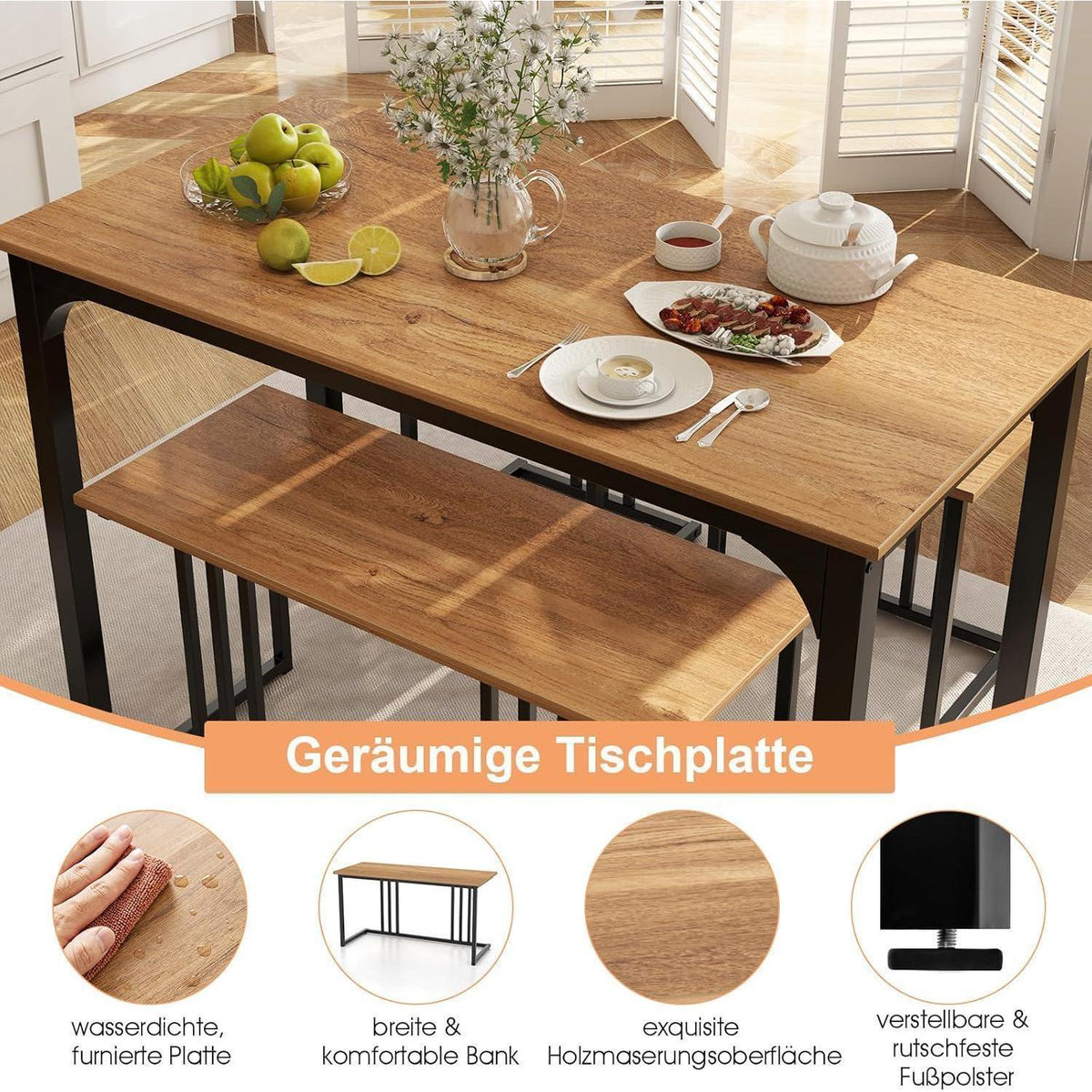 Esszimmer Set 4-teilig mit Tisch, Bank & Hockern (Natur)