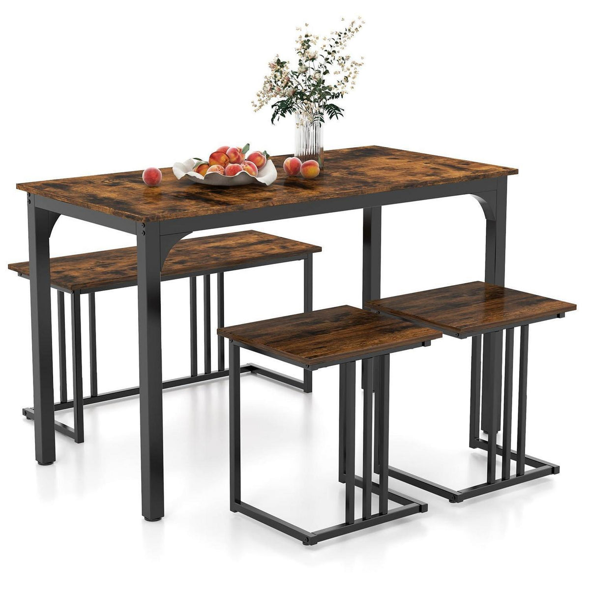 Esstisch Set 4-teilig mit Bank & Hockern – Rustikales Braun