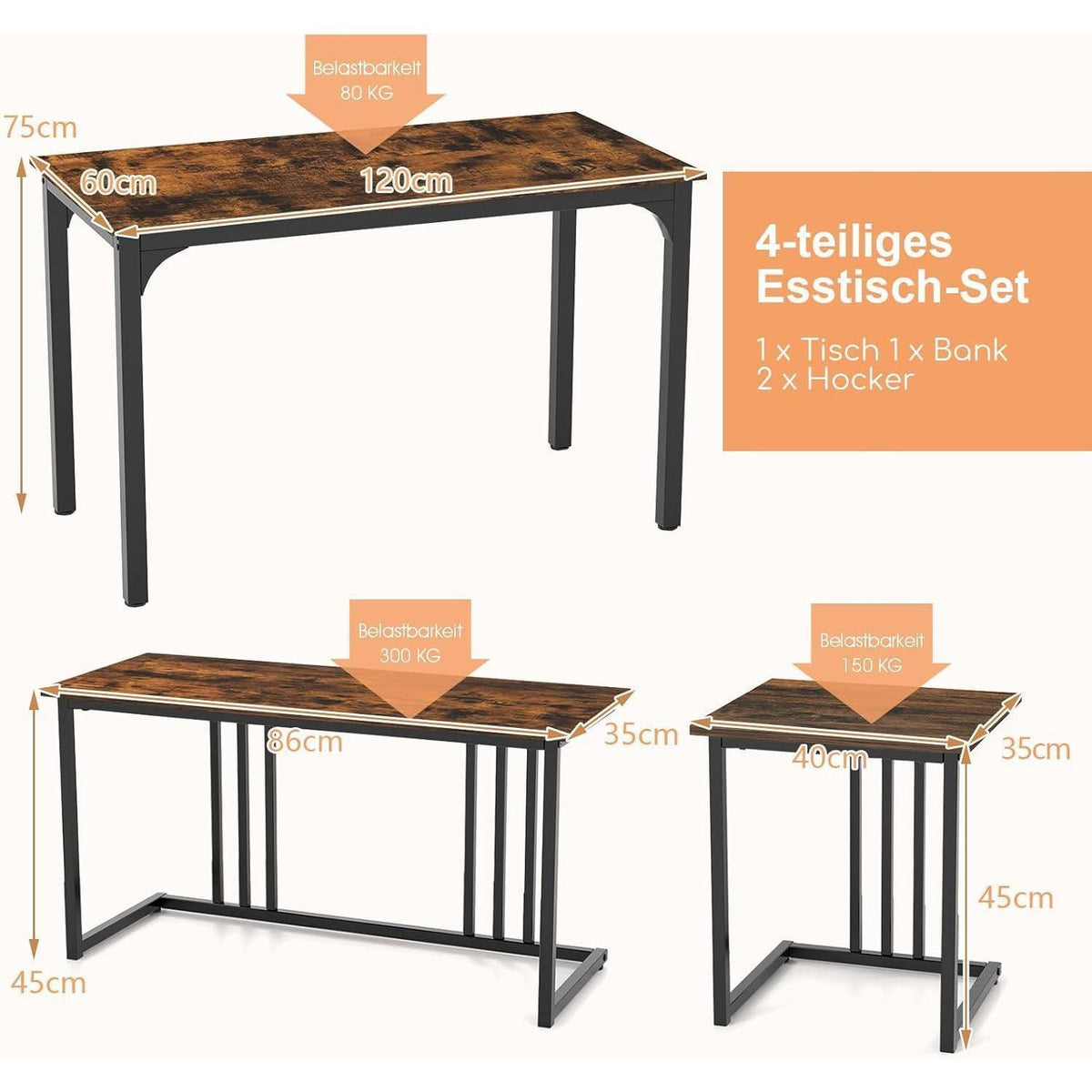 Esstisch Set 4-teilig mit Bank & Hockern – Rustikales Braun