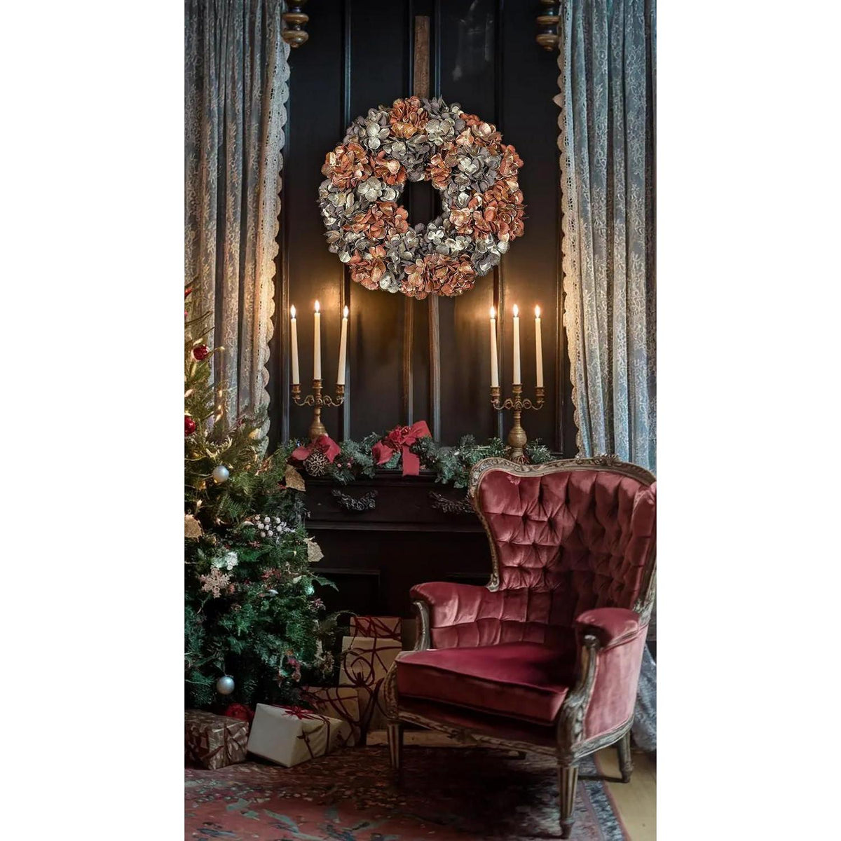 Künstlicher Hortensienkranz 61cm Braun für Weihnachten