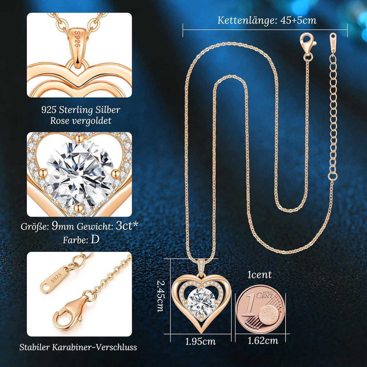 Silber Herz Halskette Damen Moissanite 2 Karat Rosé Vergoldet