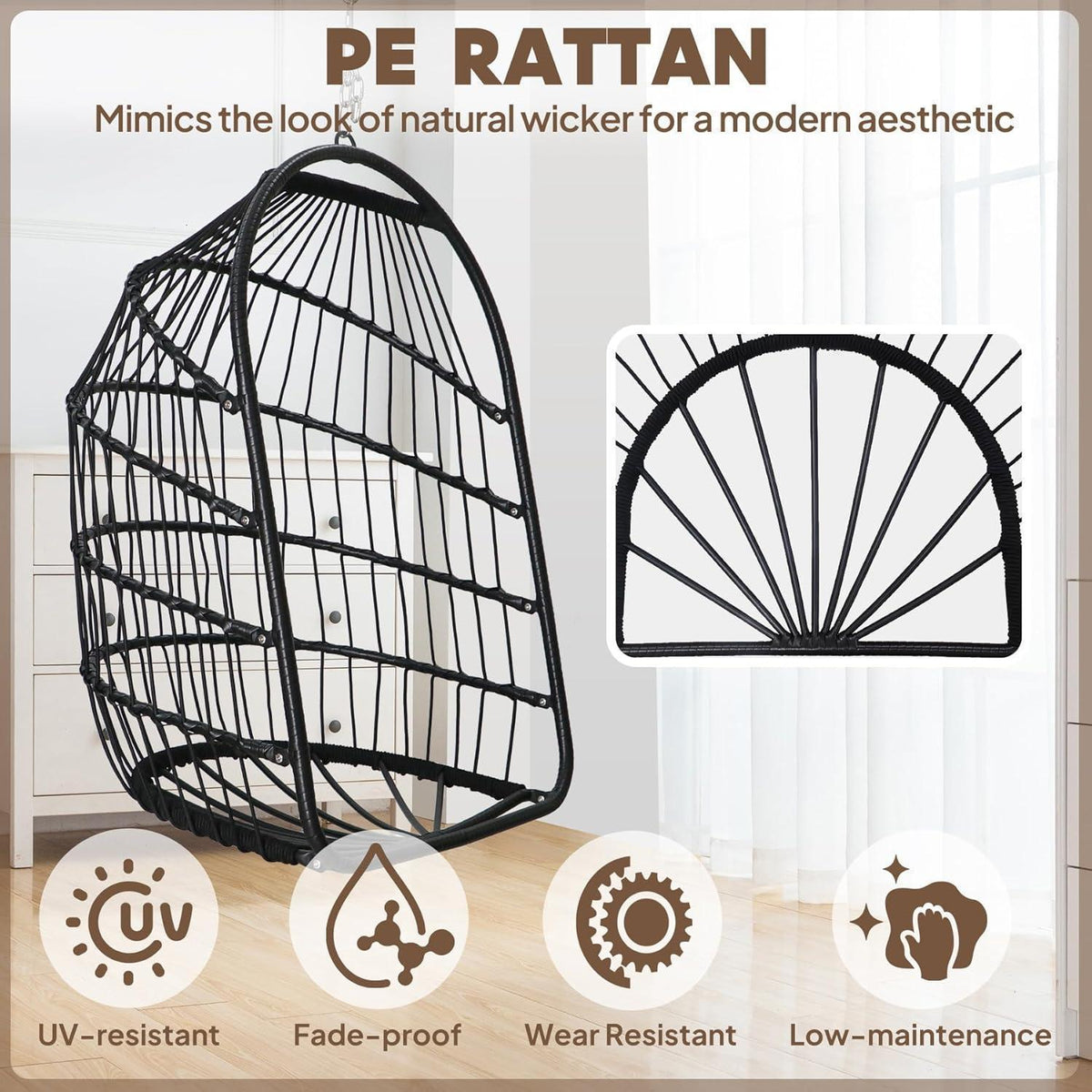 Faltbarer Rattan Hängesessel mit Kissen & Edelstahl Aufhängung