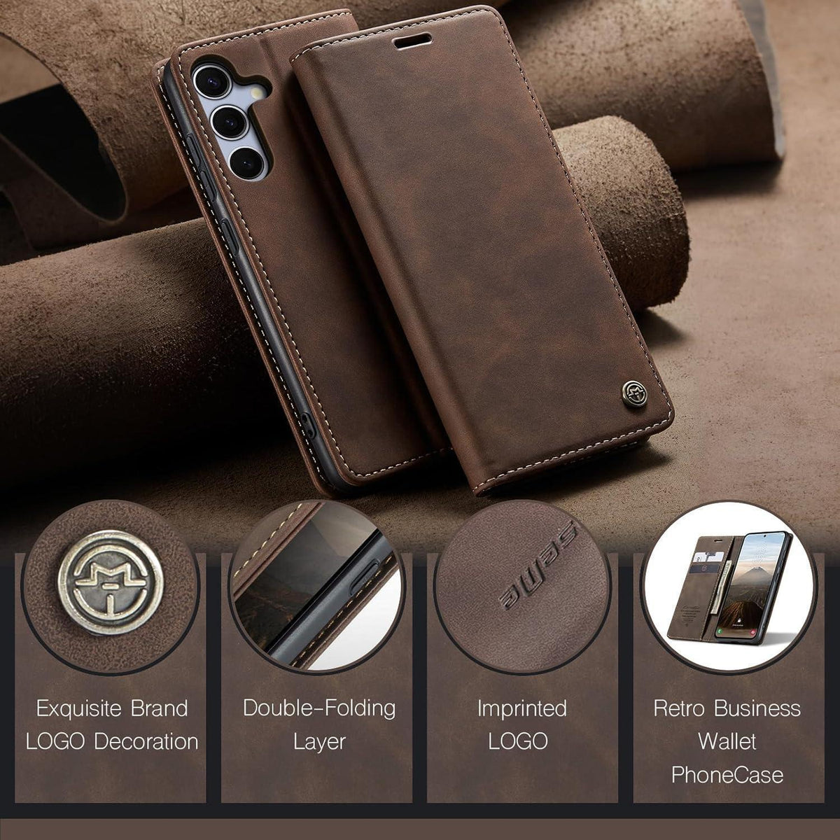 Klapphülle für Samsung Galaxy S25 5G Kaffee mit Kartenfach in Lederoptik