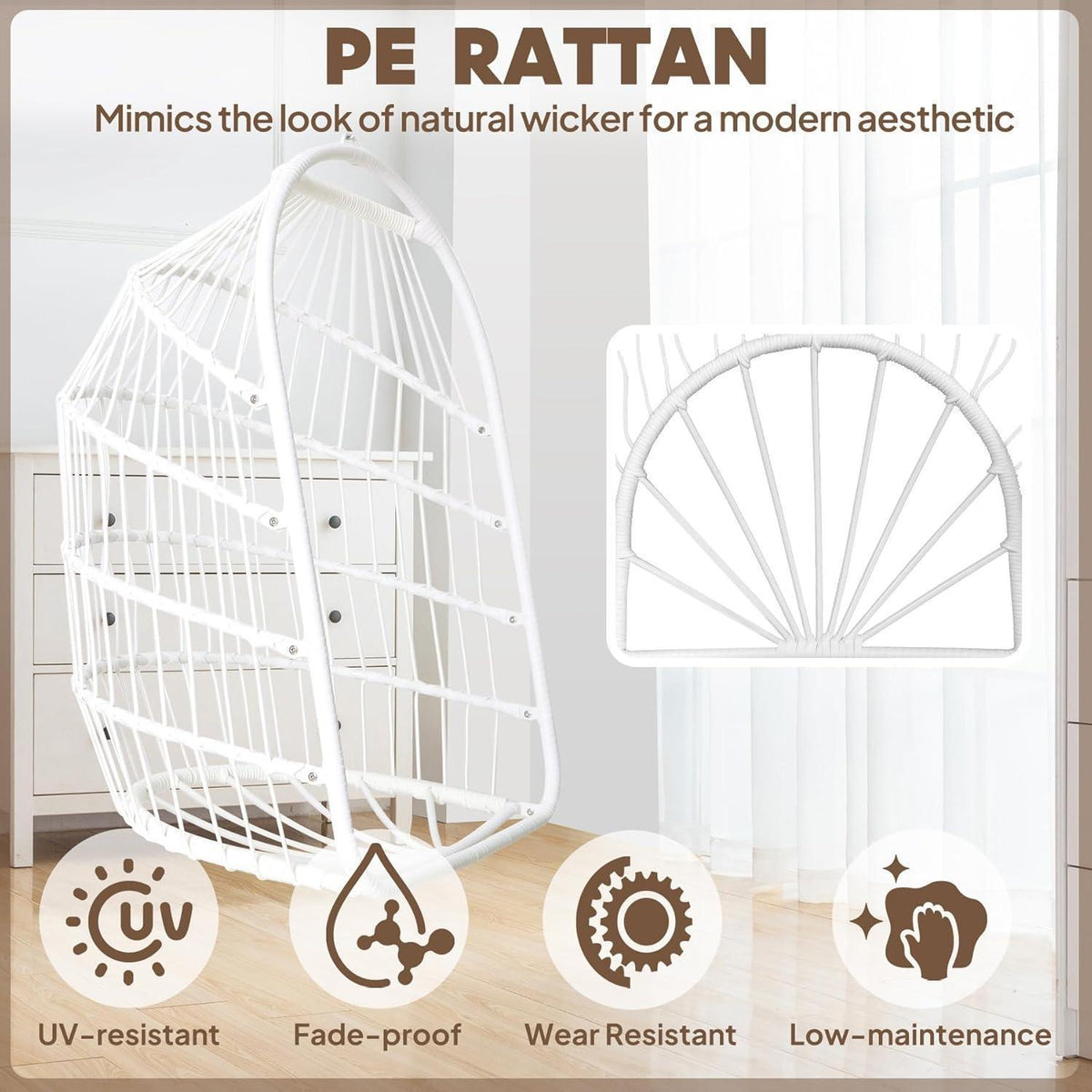 Faltbarer Rattan Hängesessel mit Kissen & Edelstahl Aufhängung