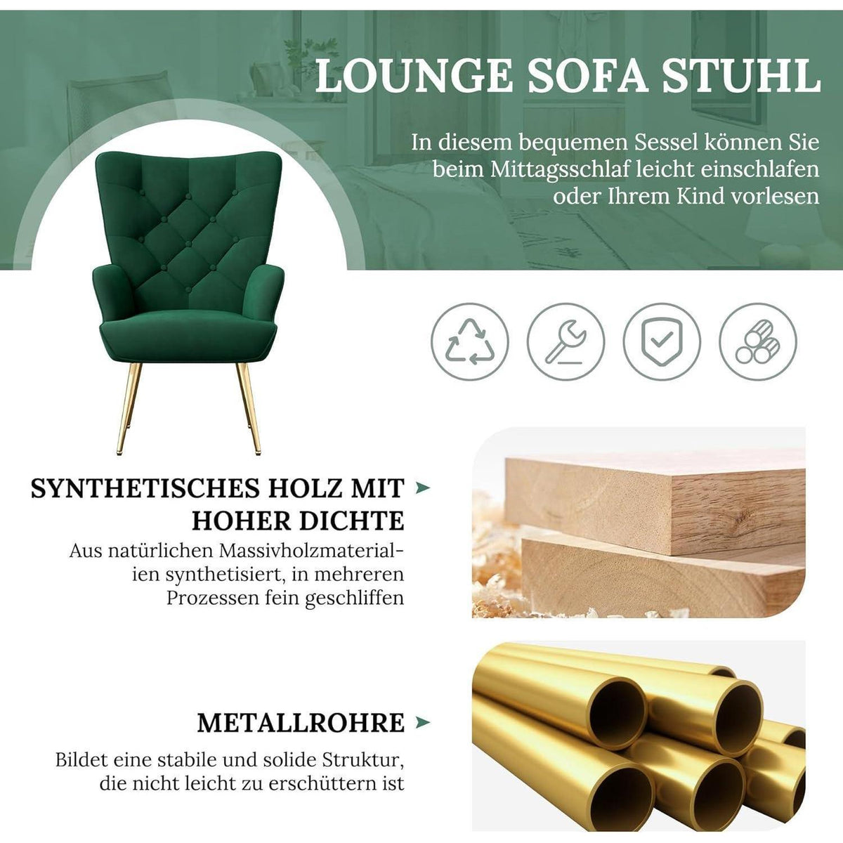 2er-Set Sessel mit Metallbeinen, Grün