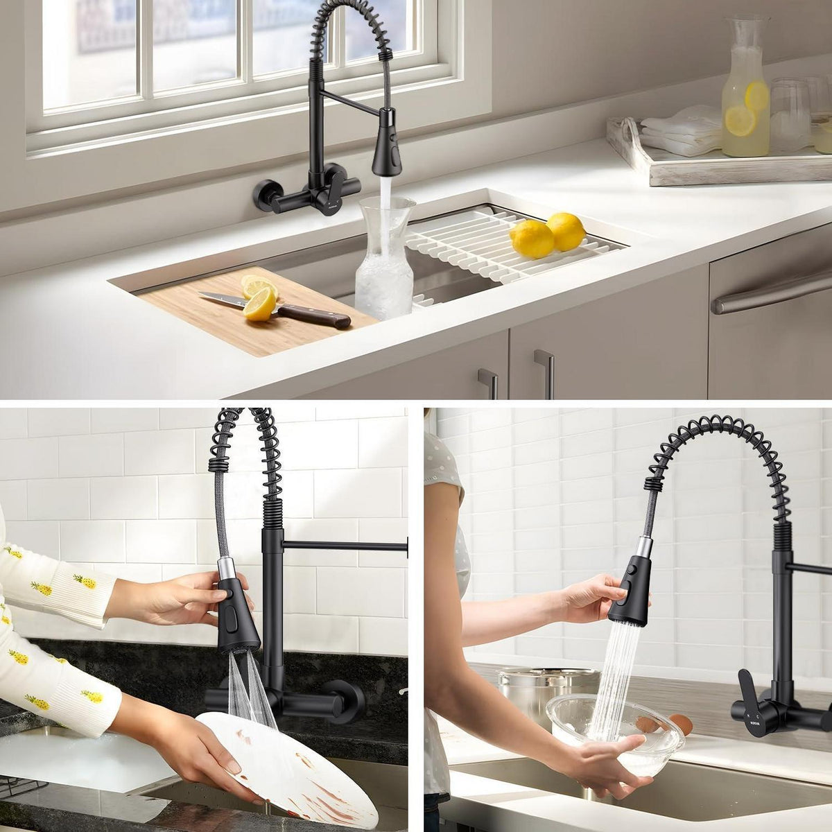 Küchenarmatur Wandmontage Schwarz Matt mit Flexibler Brause