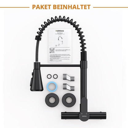 Küchenarmatur Wandmontage Schwarz Matt mit Flexibler Brause