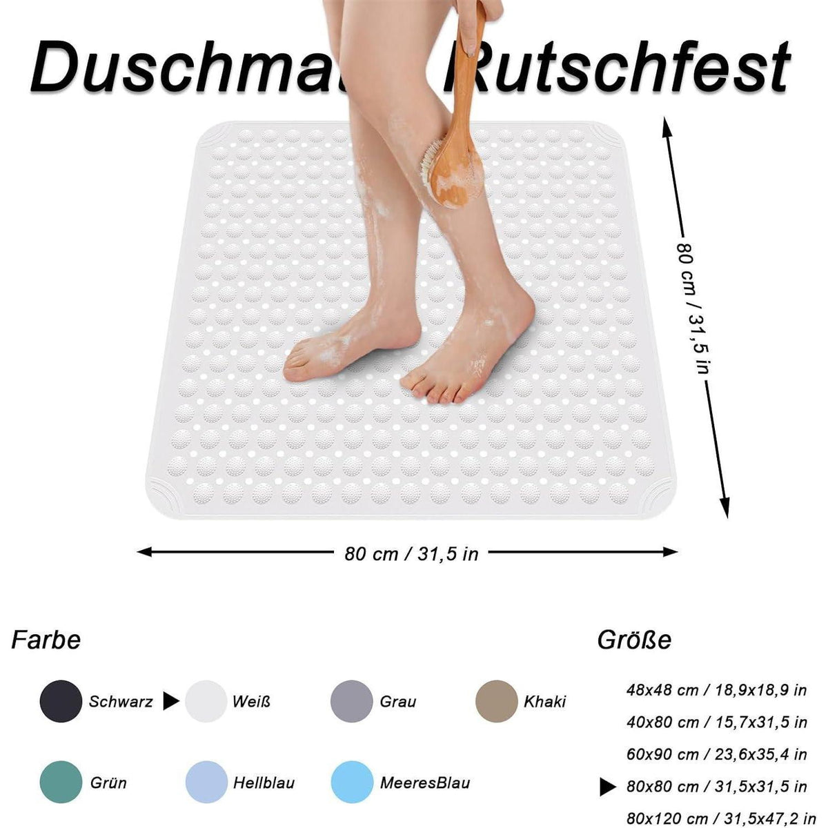 Rutschfeste Duschmatte 80x80 cm – Weiße PVC-Duscheinlage mit Saugnäpfen