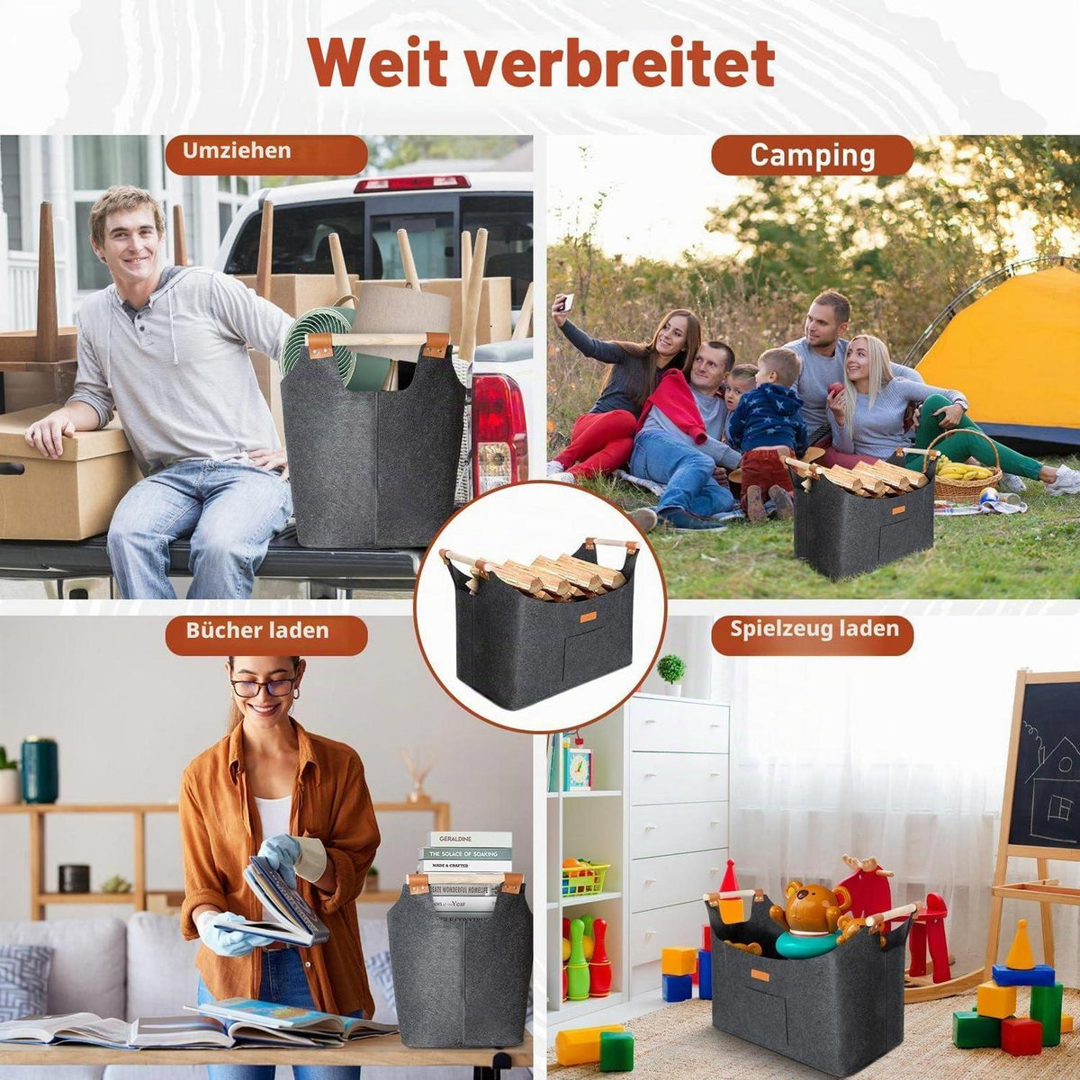 Faltbarer Holzkorb Filztasche Dunkelgrau – 50x32x40 cm