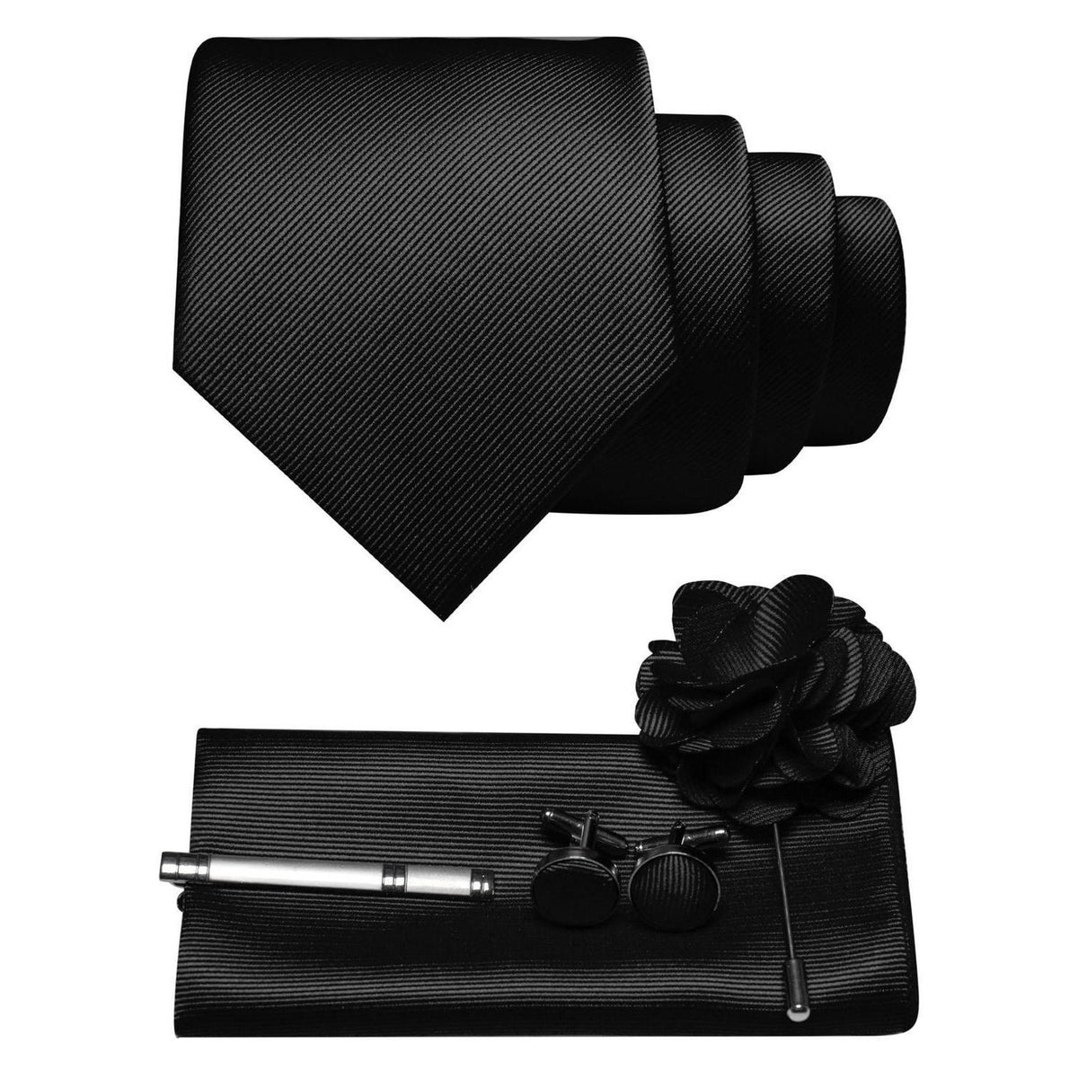 Herren Krawatten-Set mit Accessoires – Schwarz