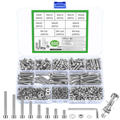 800tlg M4 Schrauben Set Edelstahl mit Muttern & Scheiben