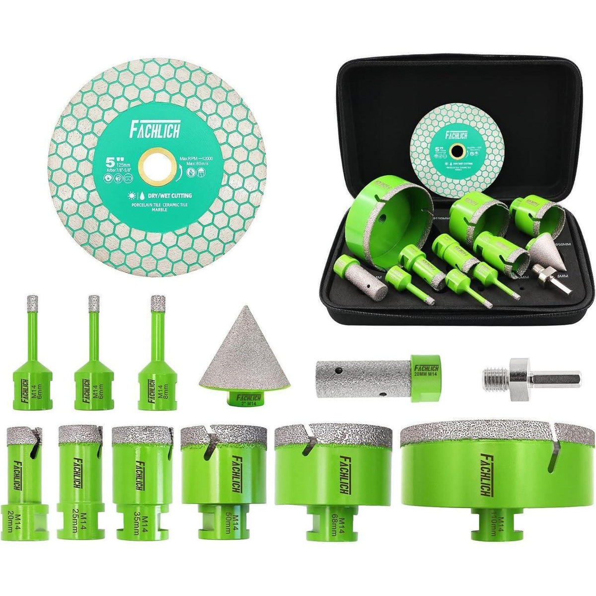 Diamant Fliesenbohrer Set 12tlg. M14 für Fliesen, Marmor, Granit