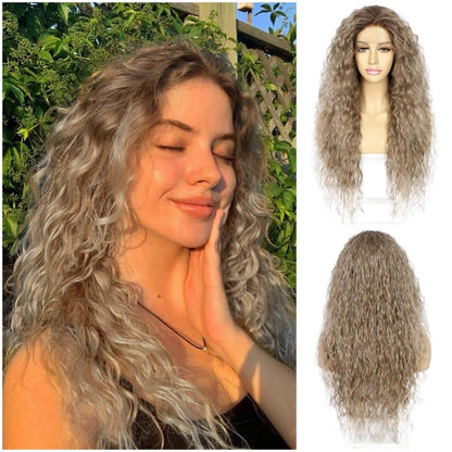 Lockige Ombre Braun Lace Front Perücke Synthetisch 26 Zoll