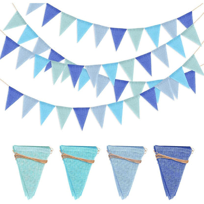 Jute Wimpelkette Blau, 4 Girlanden, 48 Vintage Leinen Wimpel