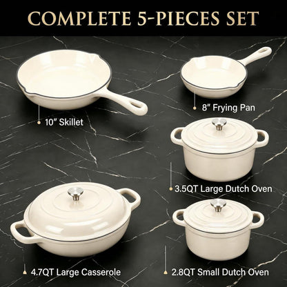 Emailliertes Gusseisen Kochgeschirr Set 5-teilig Weiß