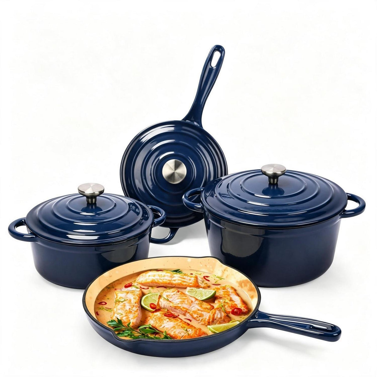 7-teiliges Emaille Gusseisen Kochgeschirr Set mit Dutch Oven
