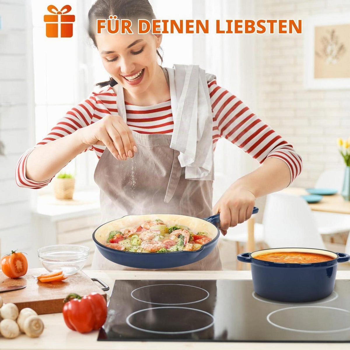 7-teiliges Emaille Gusseisen Kochgeschirr Set mit Dutch Oven