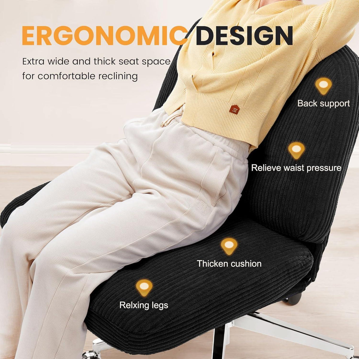 Ergonomischer Bürostuhl ohne Armlehne, Cord, Schwarz mit Rollen