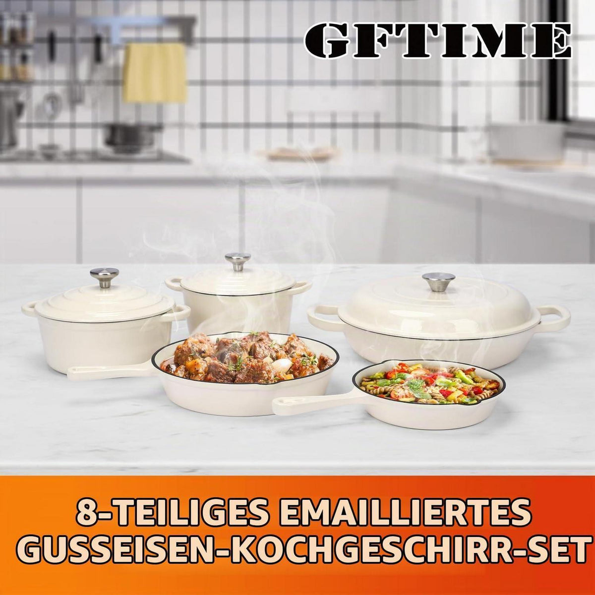 8-teiliges Emaille Gusseisen Kochgeschirr Set – Weiß