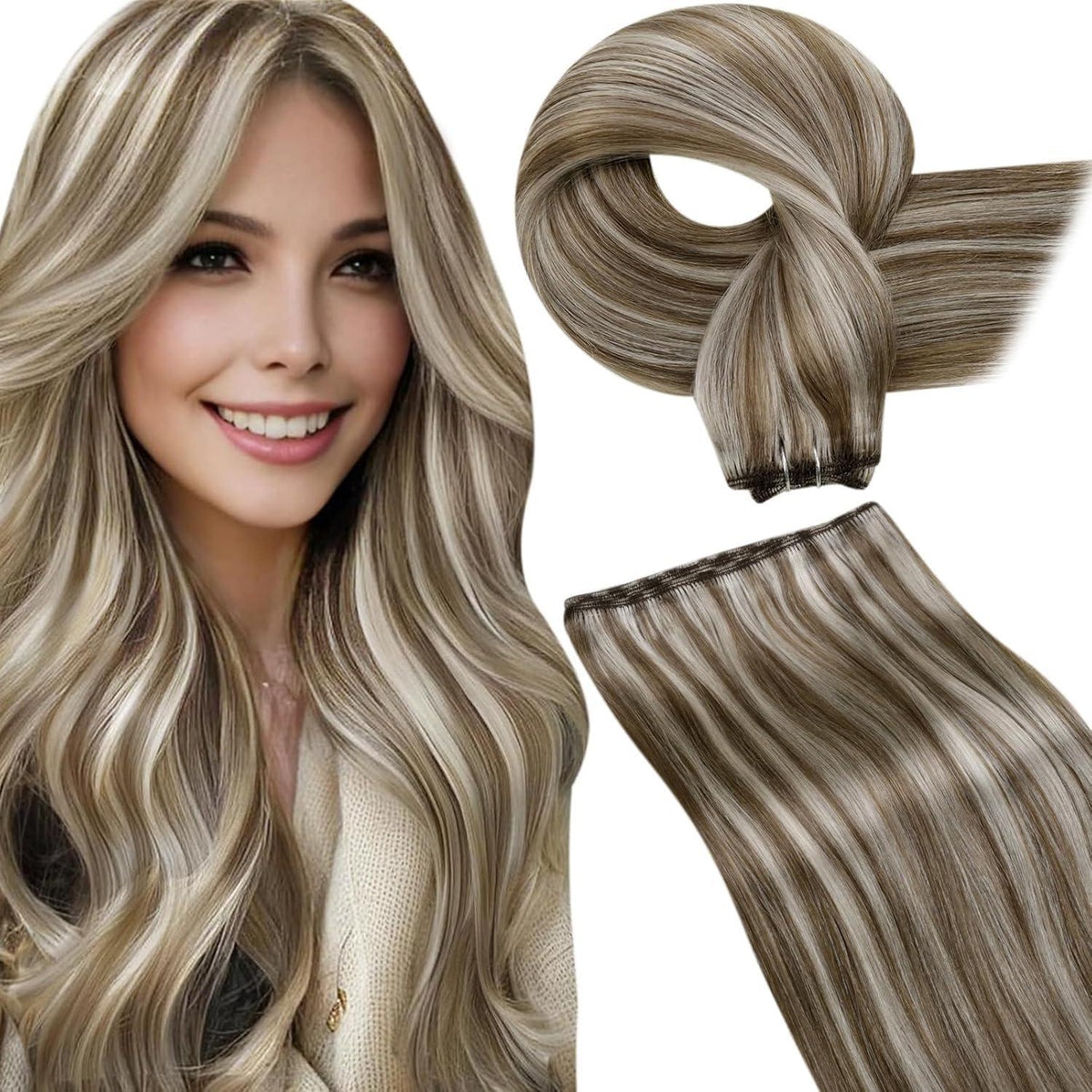 Echthaar Tressen Braun Blond Highlights zum Einnähen 45cm