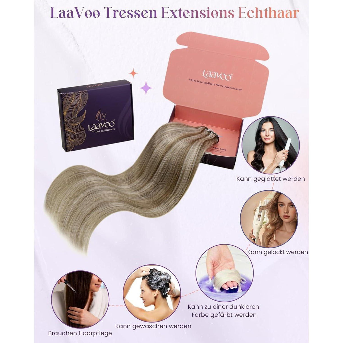 Echthaar Tressen Braun Blond Highlights zum Einnähen 45cm
