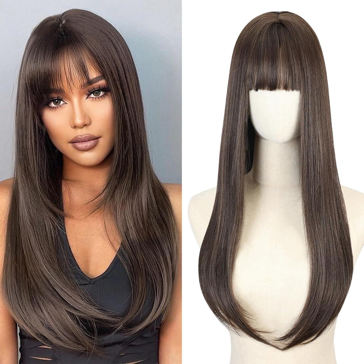 Lange braune Perücke mit Pony – glattes Haar für Damen