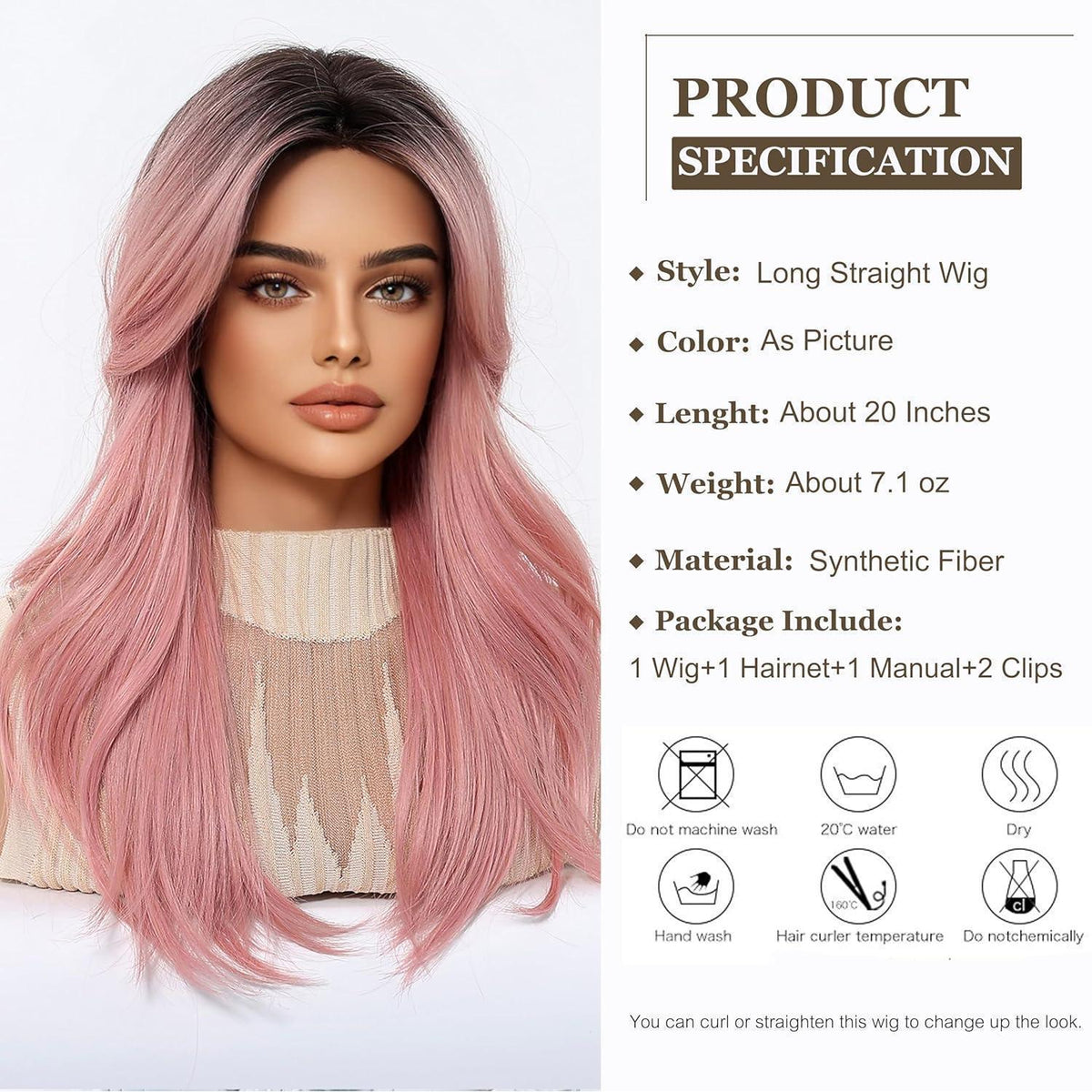 Lange Gerade Perücke Rosa mit Pony – Synthetisch & Verstellbar