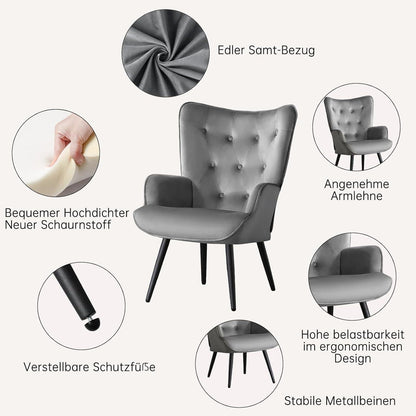 Ohrensessel Samt Grau – Skandinavischer Relaxsessel für Wohnzimmer