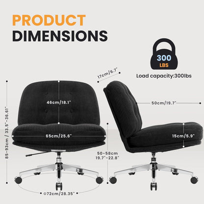 Ergonomischer Bürostuhl ohne Armlehnen, Schneidersitz-Sessel, Kordsamt, Schwarz