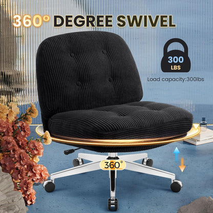 Ergonomischer Bürostuhl ohne Armlehnen, Schneidersitz-Sessel, Kordsamt, Schwarz