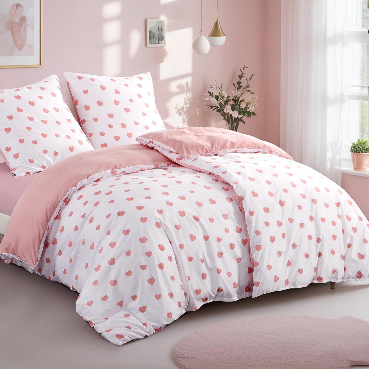 Bettwäsche-Set 135x200 4tlg Mikrofaser mit Herzen Weiß Rosa