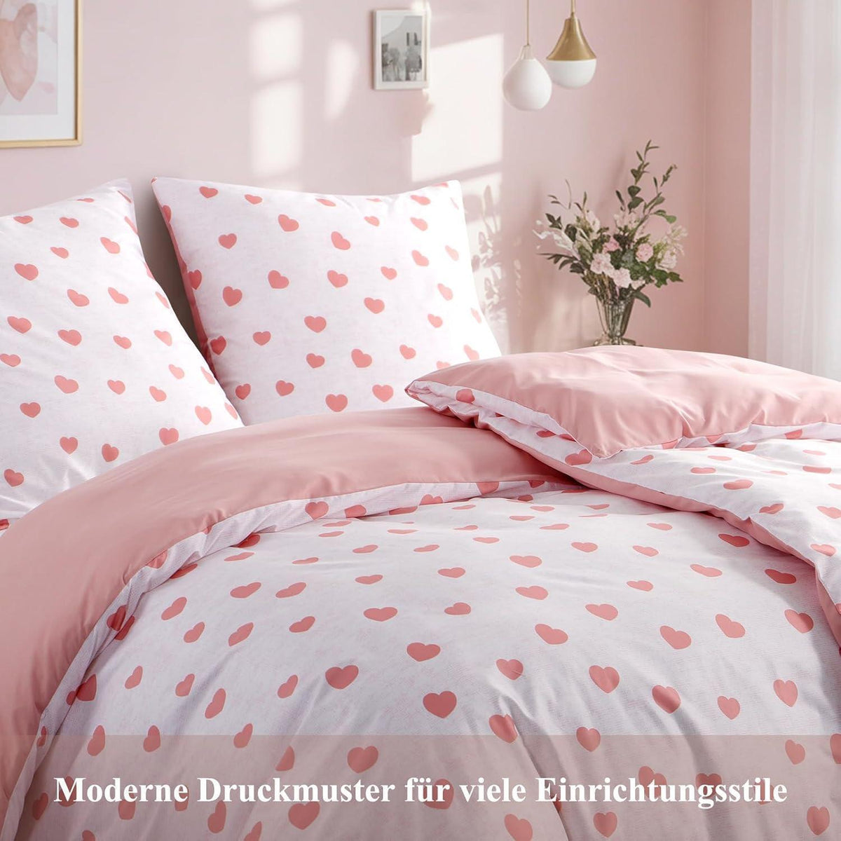 Bettwäsche-Set 135x200 4tlg Mikrofaser mit Herzen Weiß Rosa