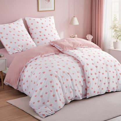 Bettwäsche-Set 135x200 4tlg Mikrofaser mit Herzen Weiß Rosa