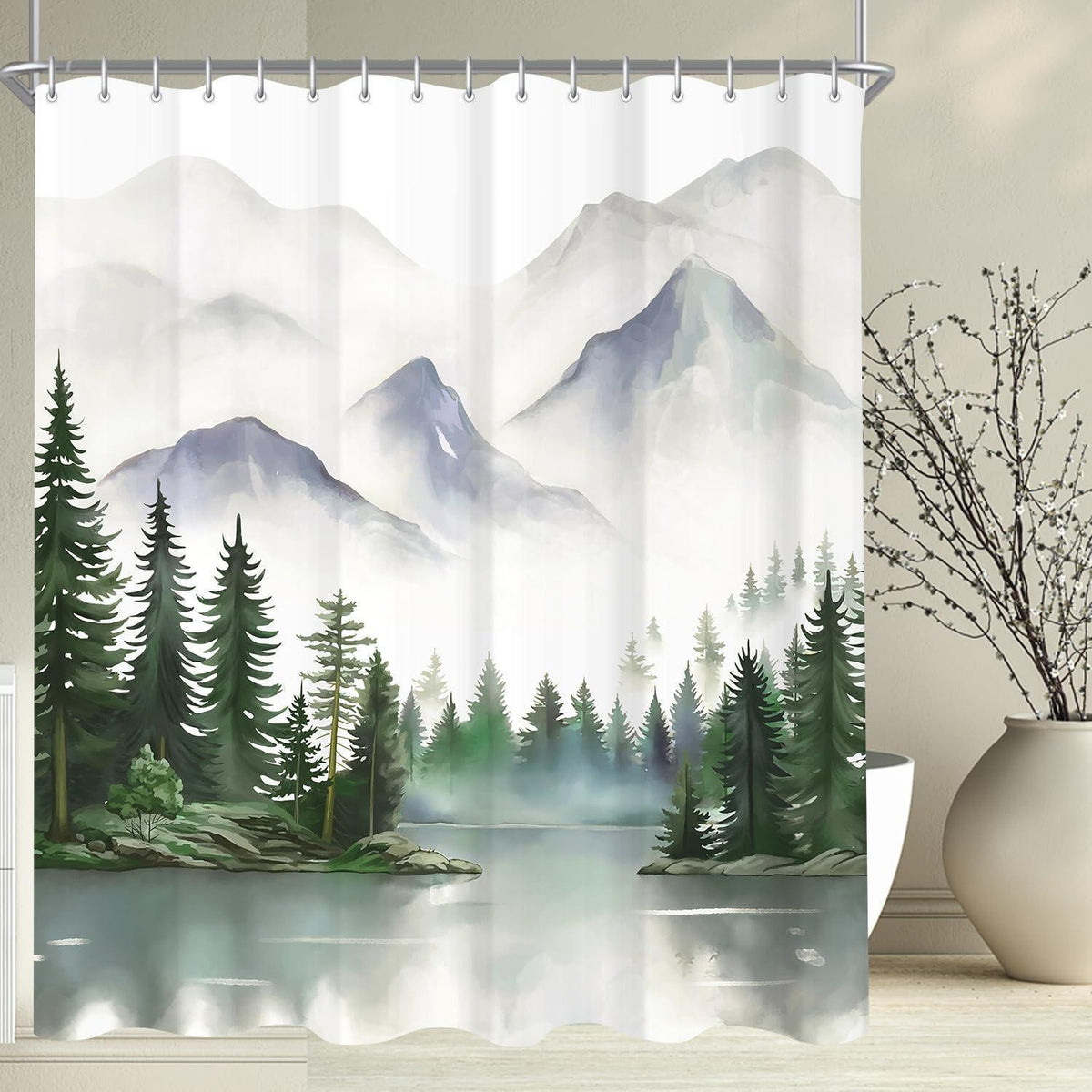 Berge Duschvorhang 240x200cm mit 16 Haken & Beschwerter Saum