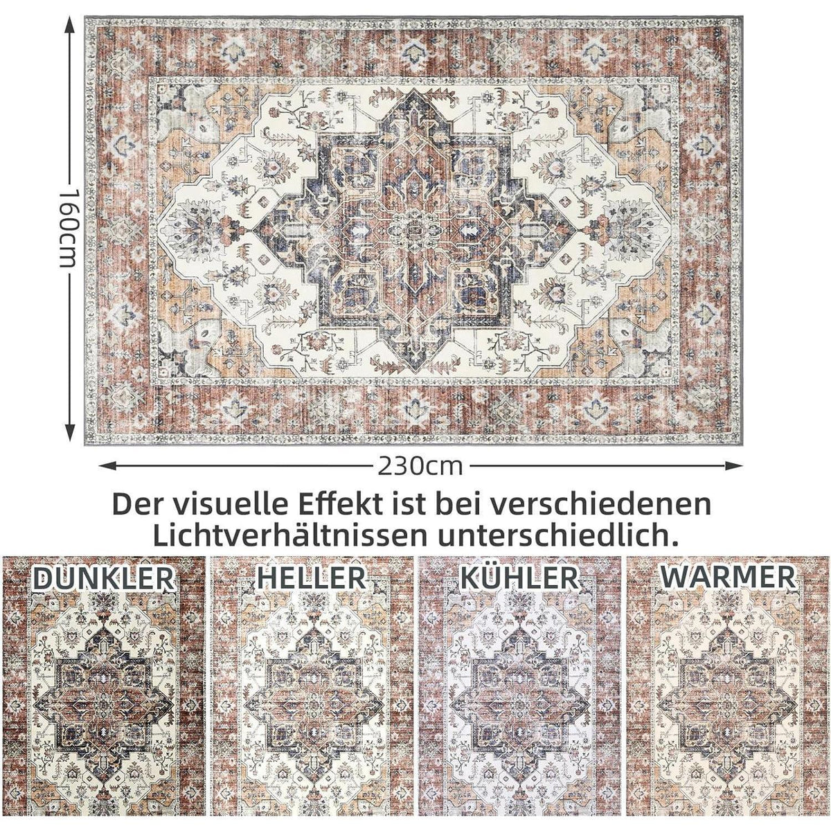 Vintage Teppich Wohnzimmer 160x230cm – Ziegelrot, Kurzflor & Waschbar