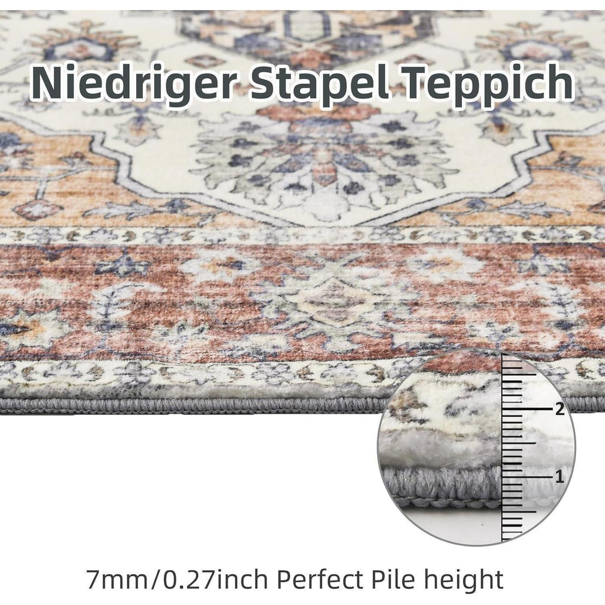 Vintage Teppich Wohnzimmer 160x230cm – Ziegelrot, Kurzflor & Waschbar