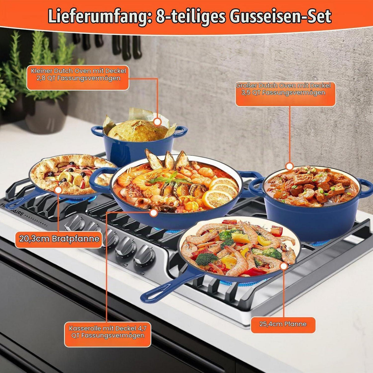 8-teiliges Emaille Gusseisen Kochgeschirr Set – Marineblau