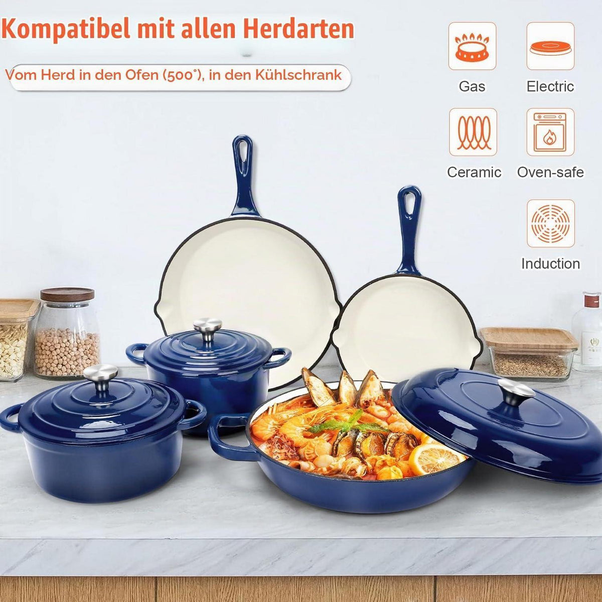 8-teiliges Emaille Gusseisen Kochgeschirr Set – Marineblau