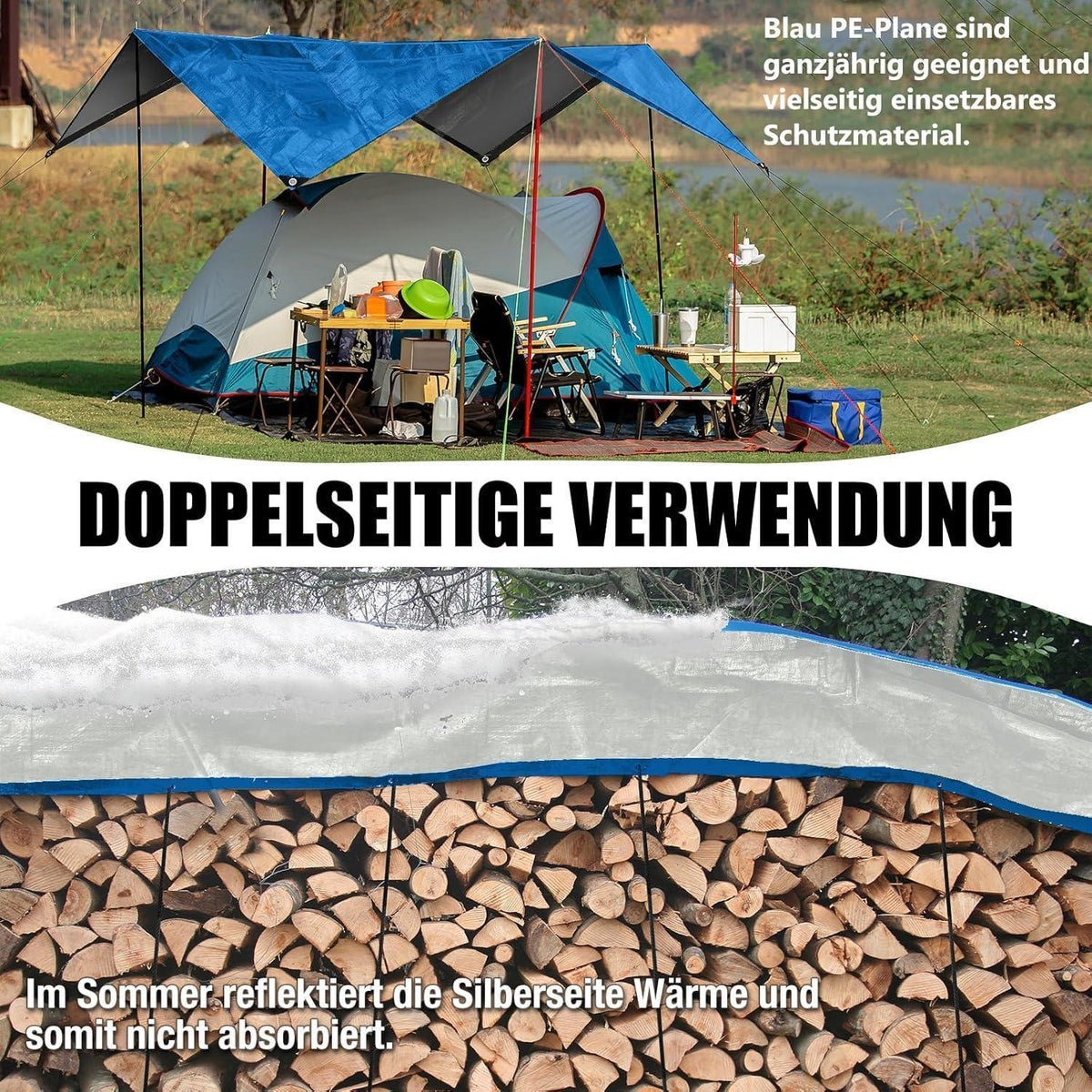 Wasserdichte Abdeckplane 6x8m – PE Plane mit Ösen für Garten & Auto