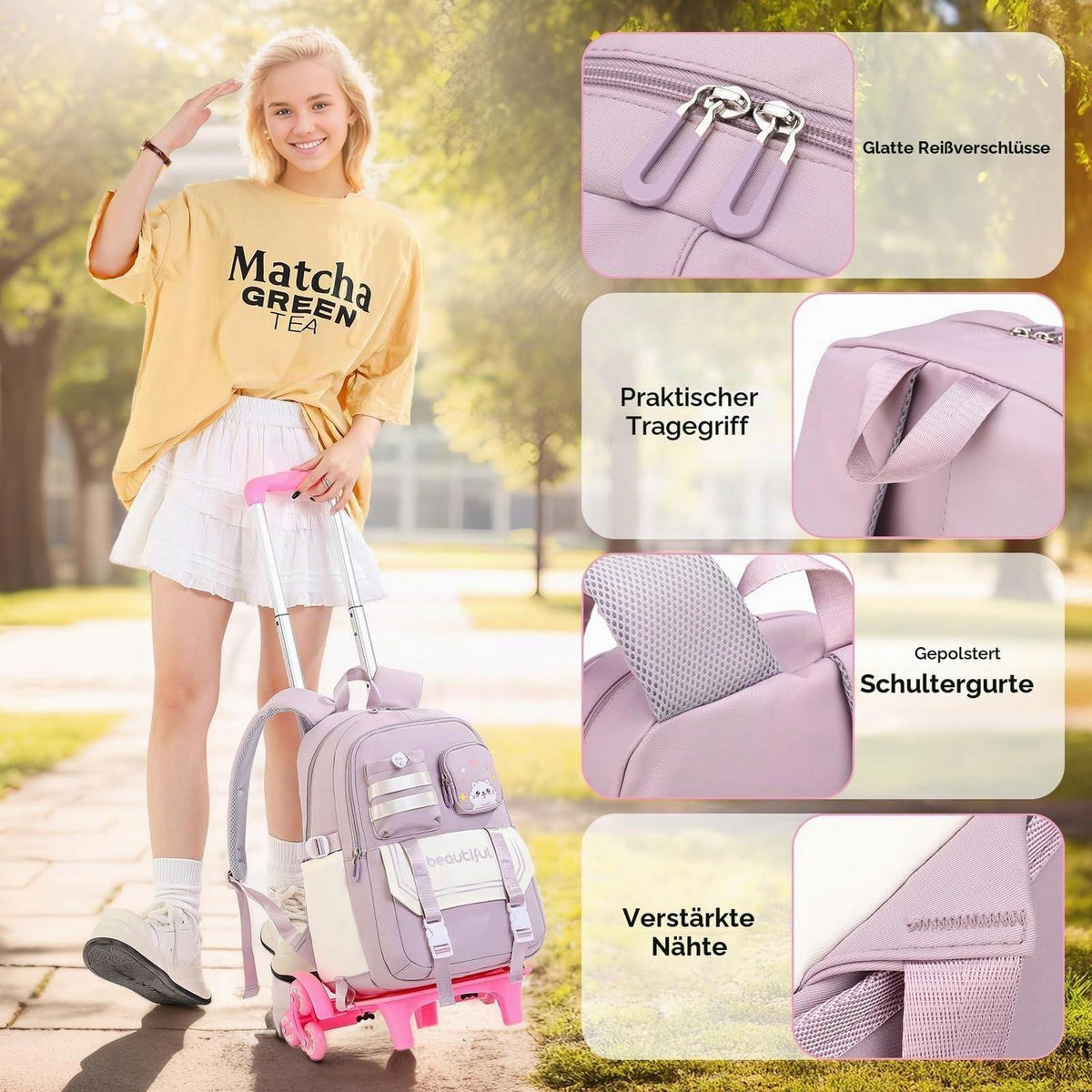 Schultrolley Rucksack Mädchen Lila mit 6 Rädern 28L
