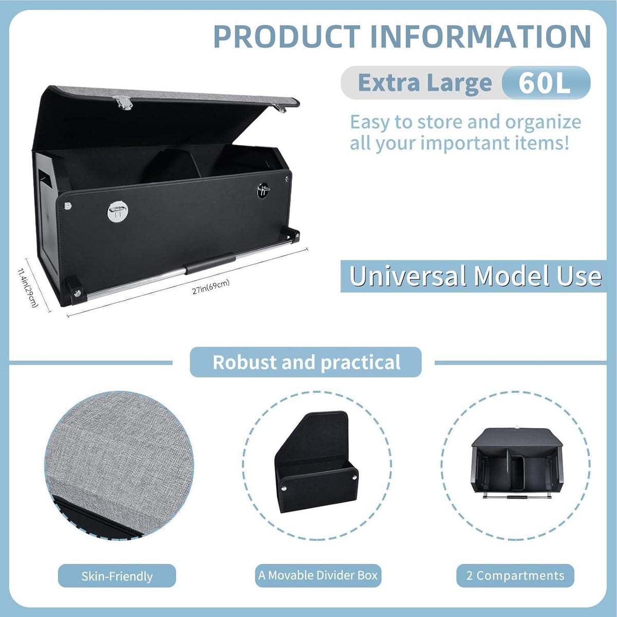 Auto Kofferraum Organizer mit Deckel – Wasserdichte Box 60L in Lederoptik