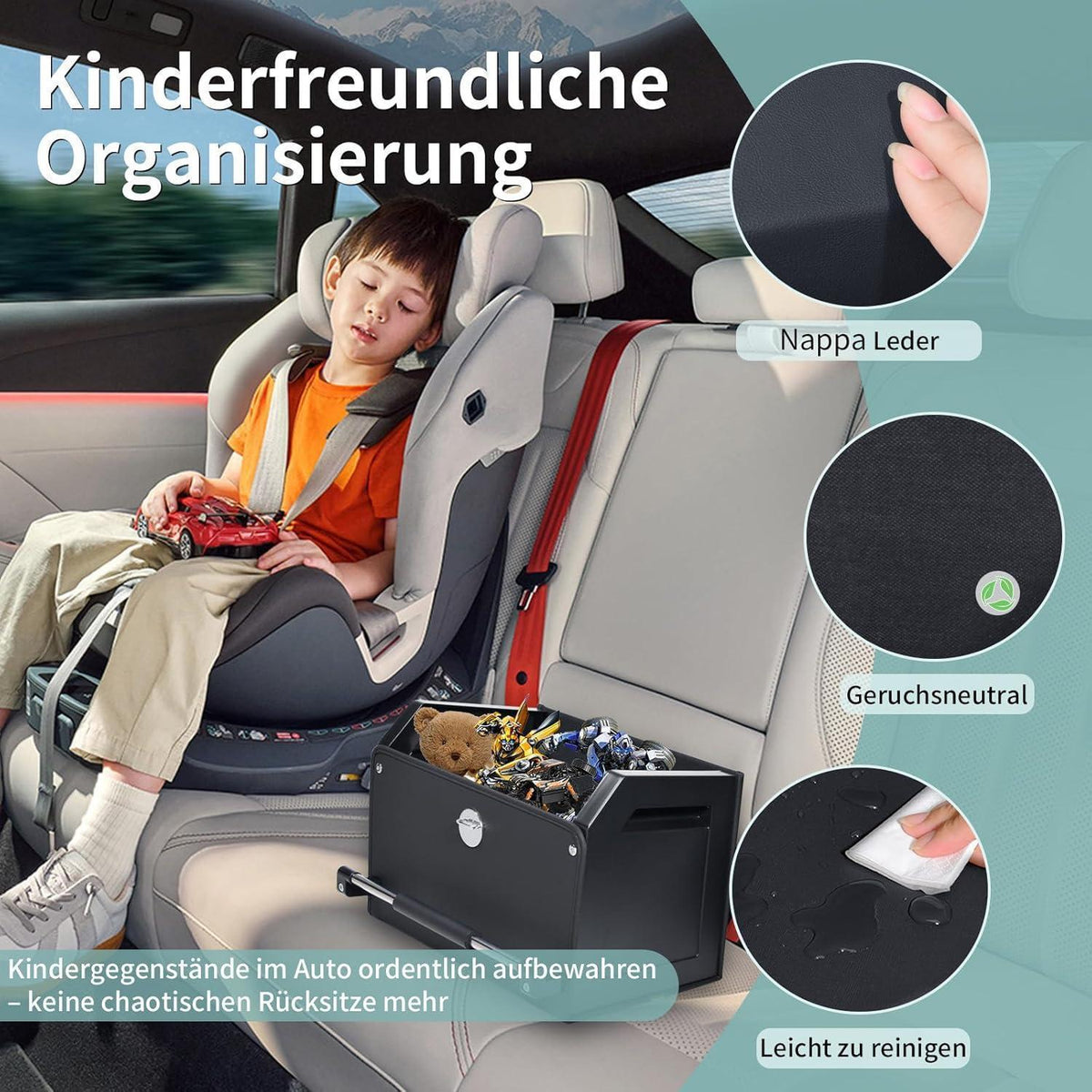 Auto Kofferraum Organizer mit Deckel aus Nappa Leder – 37L Schwarz