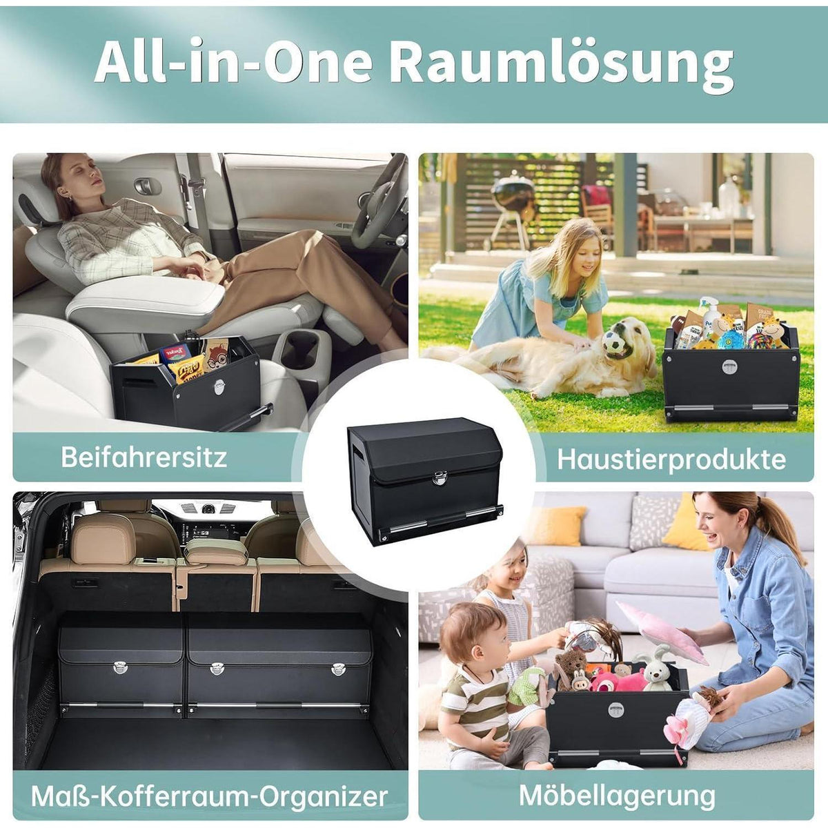 Auto Kofferraum Organizer mit Deckel aus Nappa Leder – 37L Schwarz