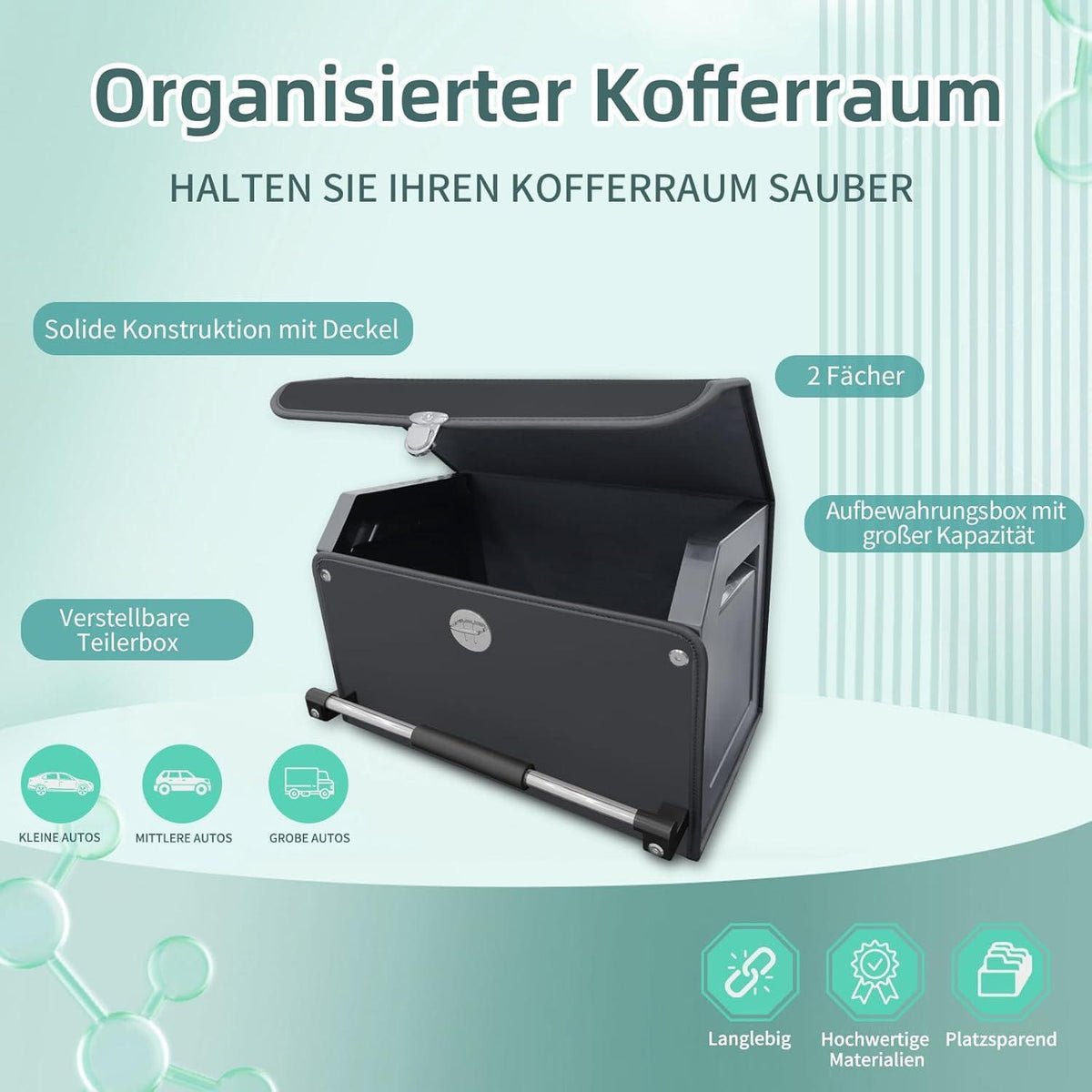 Auto Kofferraum Organizer mit Deckel aus Nappa Leder – 37L Schwarz
