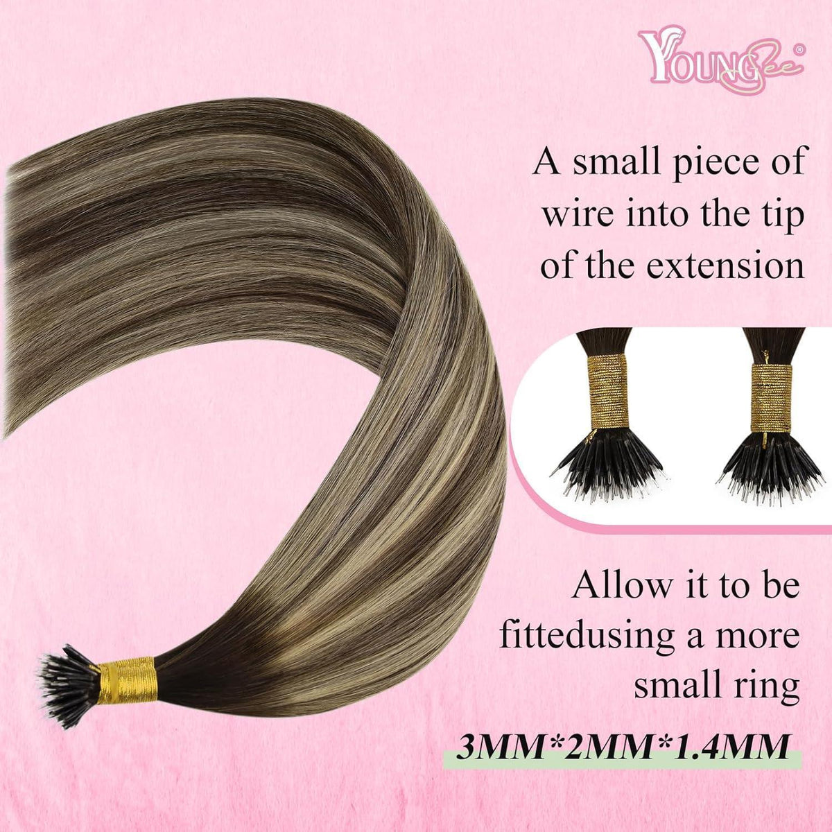 Echthaar Nano Ring Extensions Dunkelbraun Ombre Blond 55cm